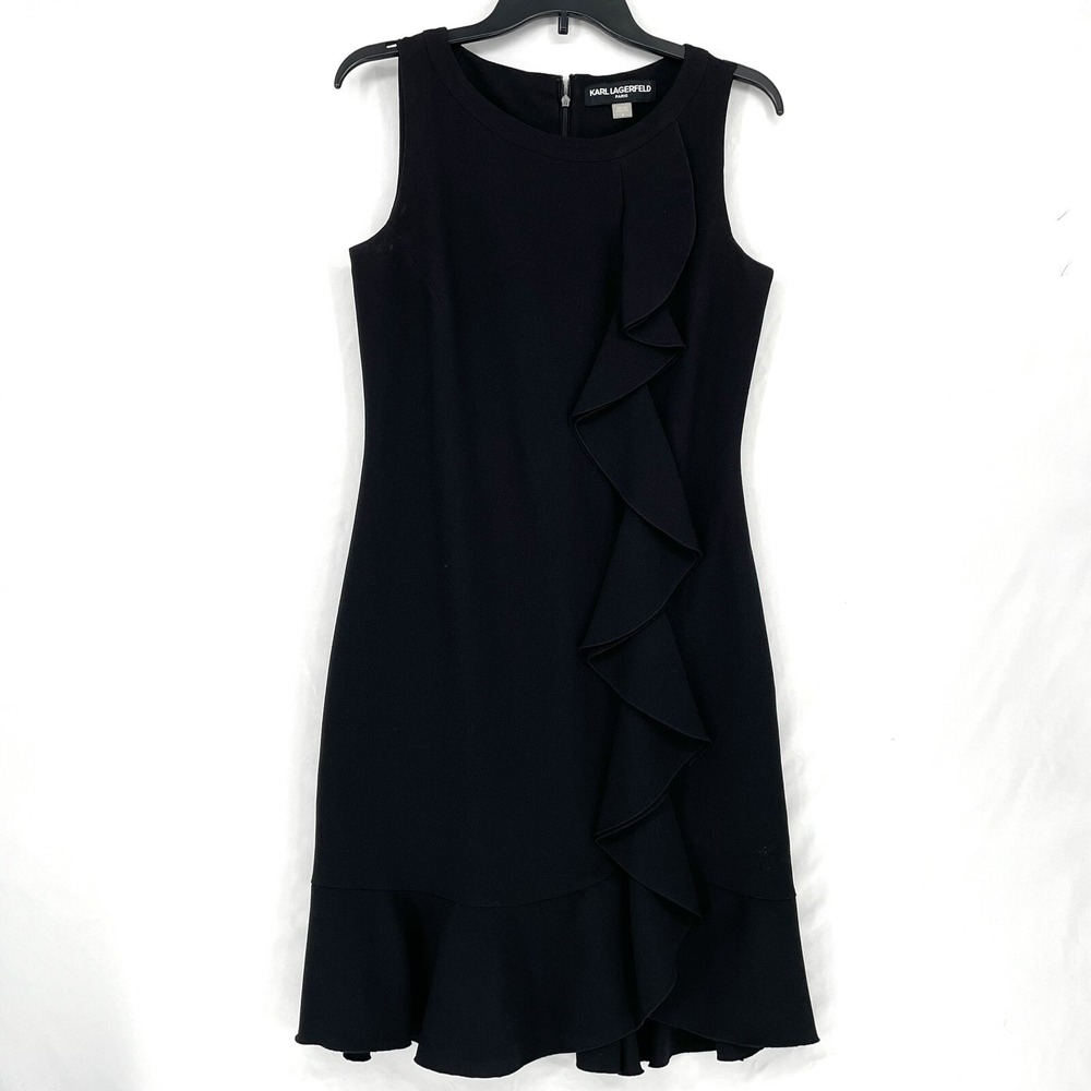 KARL LAGERFELD PARIS Women's Black Solid Ruffle‎ Sheath Sleeveless Dress 4
